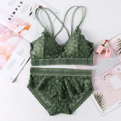 Women Lace Bra And Briefs Set Backless Bralette Solid Color Underwear Wireless Lace Bra Top Sexy Lingerie Set Female Intimates