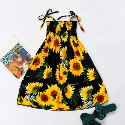 Summer Girls New Floral Dress Sling Ruffles Bohemian Beach Princess Dresses for Girl Clothing  2 6 8 12 Years With Necklace Gift