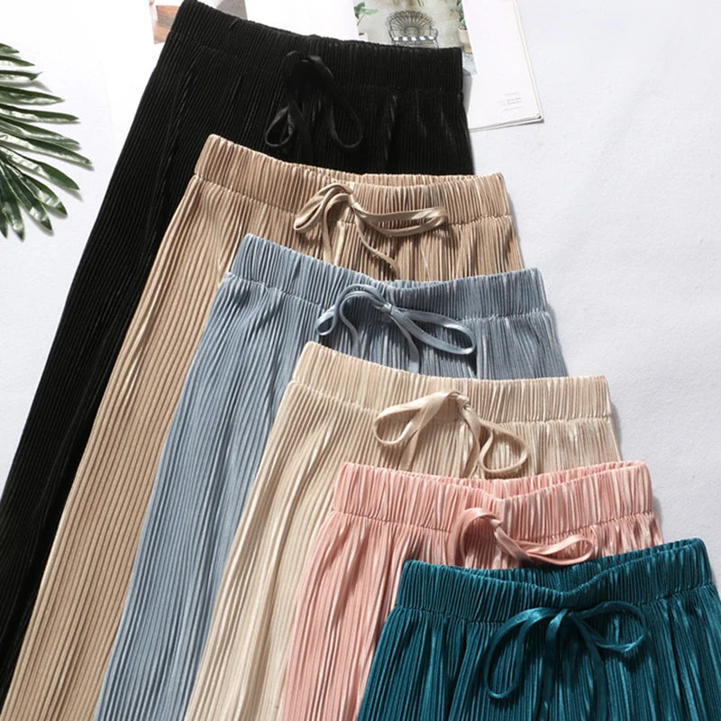 2025 New Women's Summer Thin High-waist Korean Style Non-iron Pleated Straight Leg Solid Loose Drape Wide-leg Pants Dropshipping