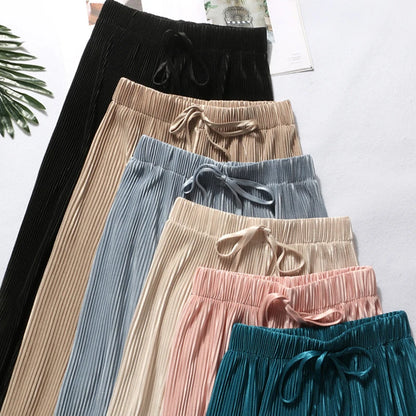 2025 New Women's Summer Thin High-waist Korean Style Non-iron Pleated Straight Leg Solid Loose Drape Wide-leg Pants Dropshipping