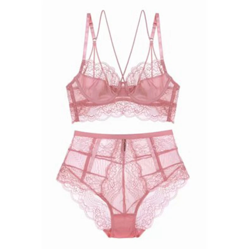 Classic Bandage Pink Bra Set Lingerie Push Up Brassiere Lace Underwear Set Sexy High-Waist Panties For Women underwear