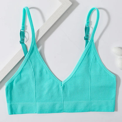 Women Ribbed V-Neck Wireless Bra Solid Color Knit Bralette Stretch Thin Straps Liner-Free No Chest Pads Lingerie Daily Intimates