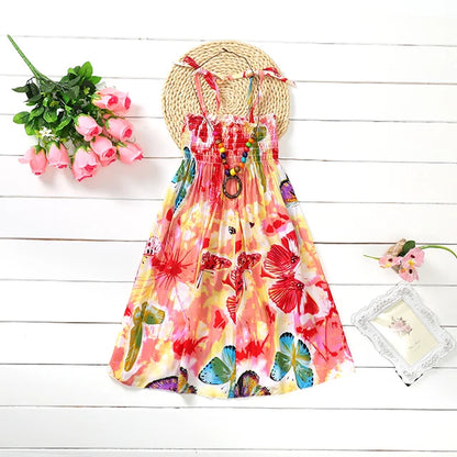 Summer Girls New Floral Dress Sling Ruffles Bohemian Beach Princess Dresses for Girl Clothing  2 6 8 12 Years With Necklace Gift