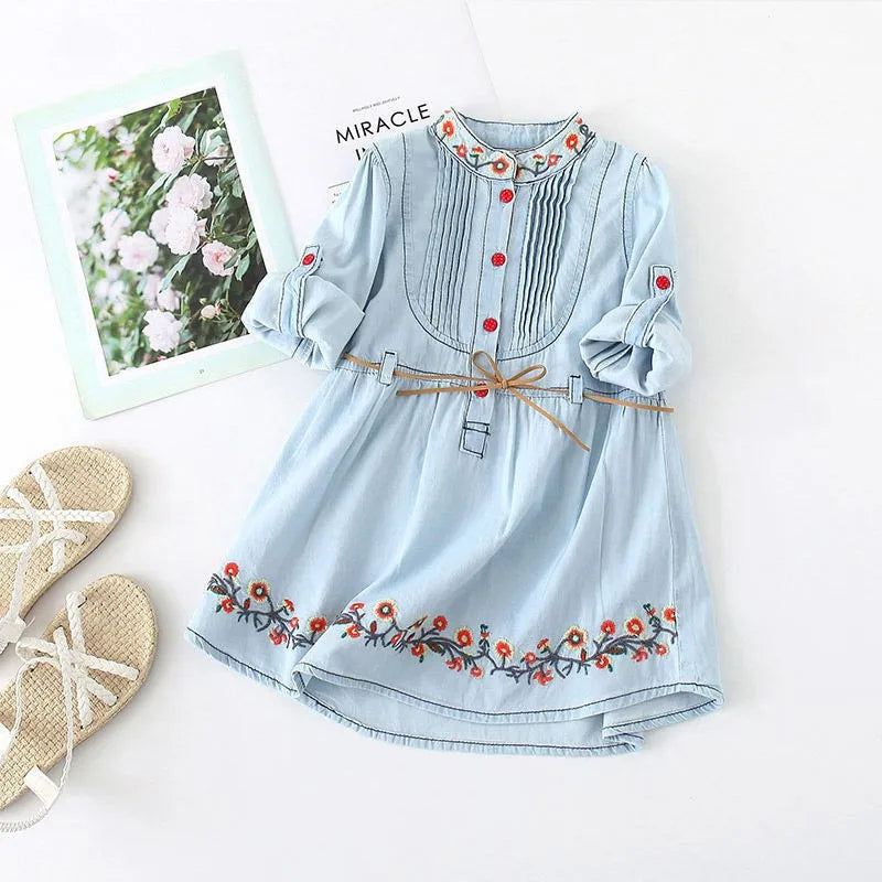 2026 Spring Autumn New 3 4 6 8 10 12 Years Embroidery Flower Long Short Sleeve Double Use Denim Blue Kids Girl Dress With Belt