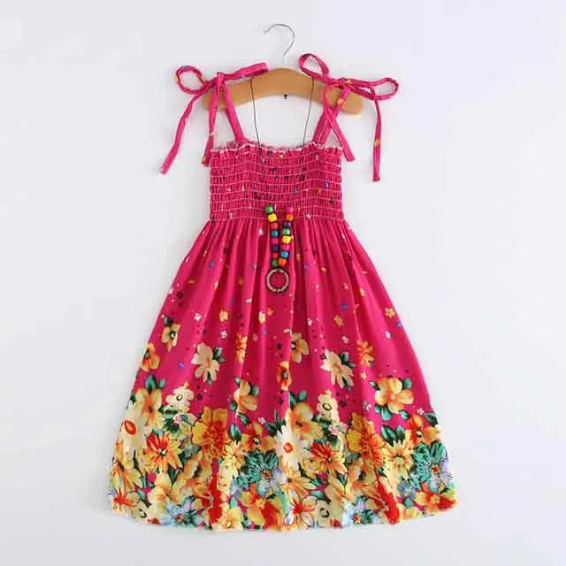 Summer Girls New Floral Dress Sling Ruffles Bohemian Beach Princess Dresses for Girl Clothing  2 6 8 12 Years With Necklace Gift