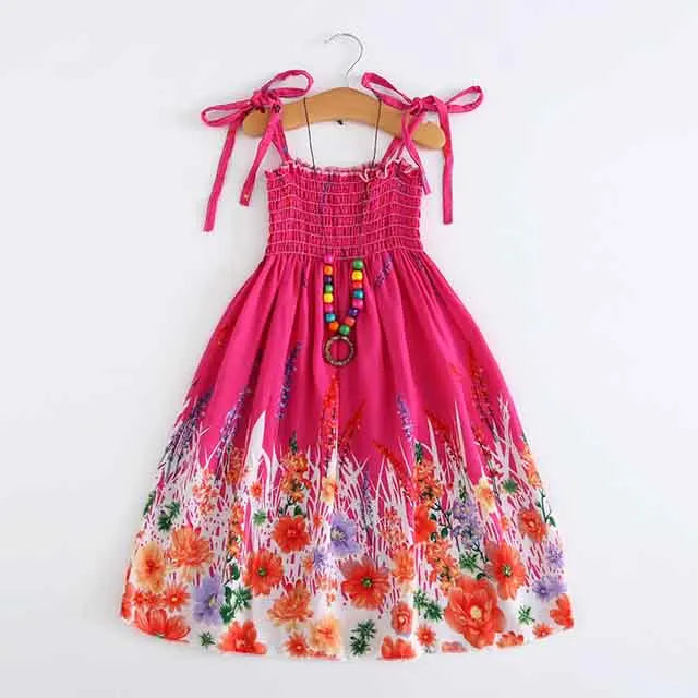 Summer Girls New Floral Dress Sling Ruffles Bohemian Beach Princess Dresses for Girl Clothing  2 6 8 12 Years With Necklace Gift
