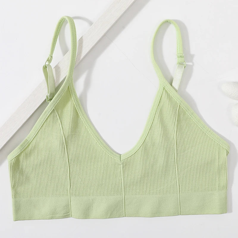 Women Ribbed V-Neck Wireless Bra Solid Color Knit Bralette Stretch Thin Straps Liner-Free No Chest Pads Lingerie Daily Intimates