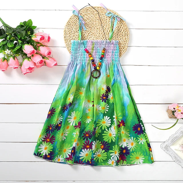Summer Girls New Floral Dress Sling Ruffles Bohemian Beach Princess Dresses for Girl Clothing  2 6 8 12 Years With Necklace Gift