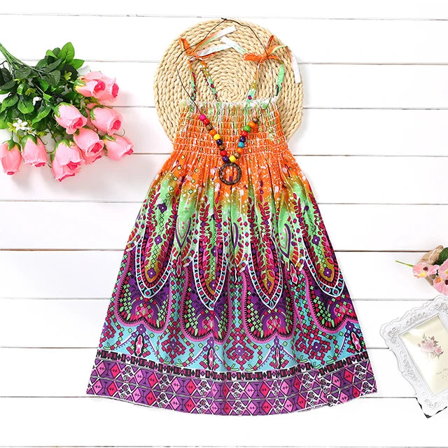 Summer Girls New Floral Dress Sling Ruffles Bohemian Beach Princess Dresses for Girl Clothing  2 6 8 12 Years With Necklace Gift