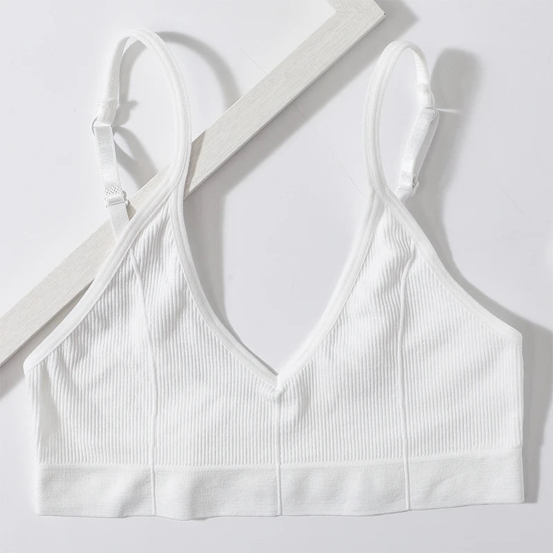 Women Ribbed V-Neck Wireless Bra Solid Color Knit Bralette Stretch Thin Straps Liner-Free No Chest Pads Lingerie Daily Intimates