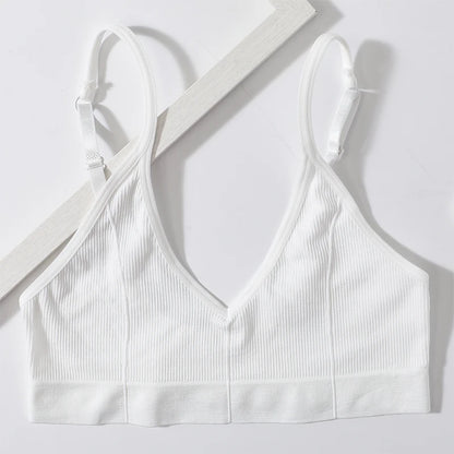 Women Ribbed V-Neck Wireless Bra Solid Color Knit Bralette Stretch Thin Straps Liner-Free No Chest Pads Lingerie Daily Intimates