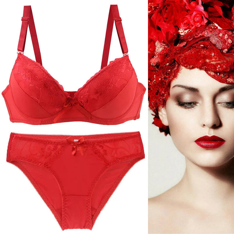2021 New Women Push Up Bra Sets Intimates Lace Thongs Underwear Solid Bow 70-105 BCDE Cup Female Plus Size Lingerie