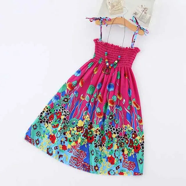 Summer Girls New Floral Dress Sling Ruffles Bohemian Beach Princess Dresses for Girl Clothing  2 6 8 12 Years With Necklace Gift