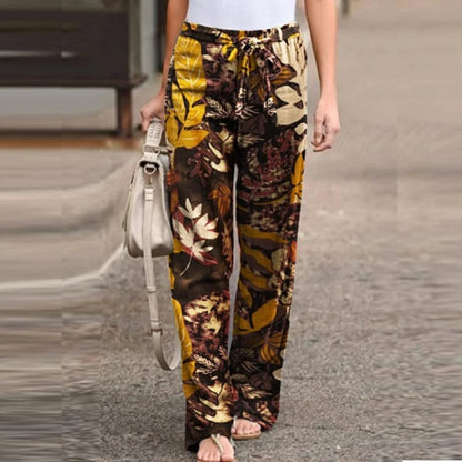 Vintage Women Drawstring Trousers Spring Autumn Fashion Floral Printed Wide Leg Pants Ladies Casual Loose Long Pantalones