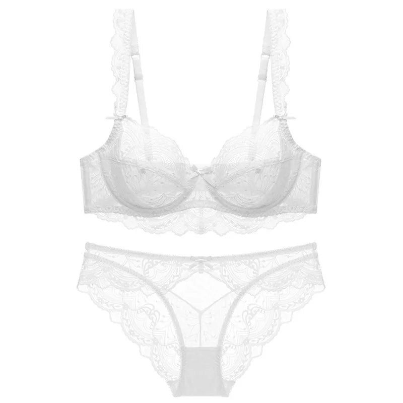 Sexy Lace Ultra Thin Transparent Bra and Panties Set Underwear Set Lingerie Women Brassieres A B C D E Cup 95C 95D