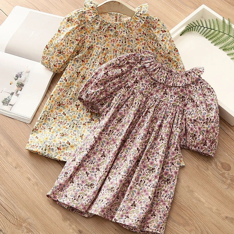 2025 New Fashion Summer 2 3 4 6 8 10 12 Years Children Short Sleeve Full Print Floral Flower Cotton Dresses For Baby Kids Girls