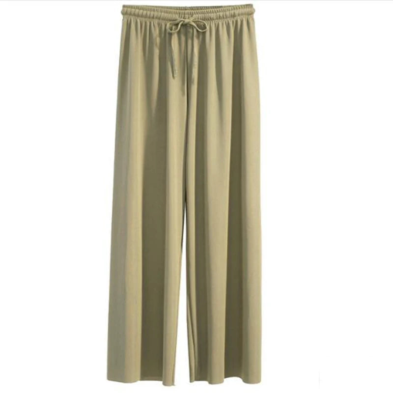 2026 Top Women's Ice Silk Wide-legged Pants Summer High Waist Feeling Girls Nine Points Straight Skirt Thin Long Trousers Colors