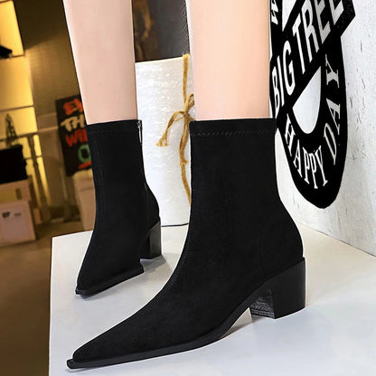 BIGTREE Boots Suede Women Ankle Boots Autumn Shoes Pointed Toe Women Boots Fashion Thick Heel Ladies Short Boots Botas Mujer