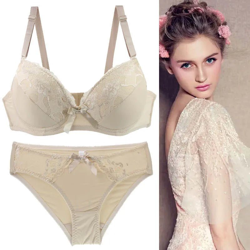 2021 New Women Push Up Bra Sets Intimates Lace Thongs Underwear Solid Bow 70-105 BCDE Cup Female Plus Size Lingerie