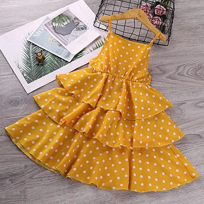 3-12Y Girls Polka-Dot Summer Dress Girls Sleeveless Suspender Dress Clothing Kids Chiffon  RED Princess Dresses Children Clothes