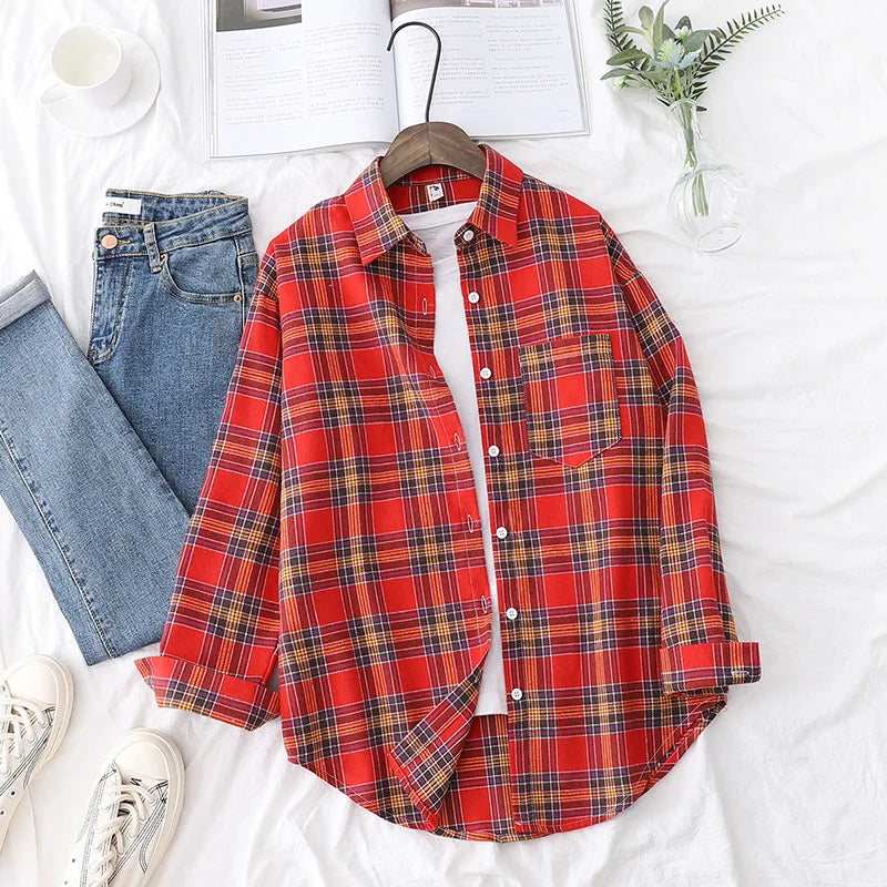 Brand Women's Flannel Plaid Shirts 2025 New Ladies Tops Exquisite Designer Style Loose Blouses Casual Cotton Long Sleeve Blouse
