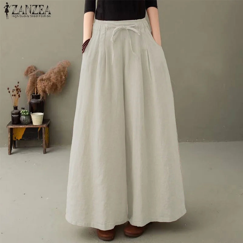ZANZEA Elegant Women's Wide Leg Pants Autumn Trousers Casual Drawstring Pantalon Palazzo Female Elastic Waist Turnip Oversized