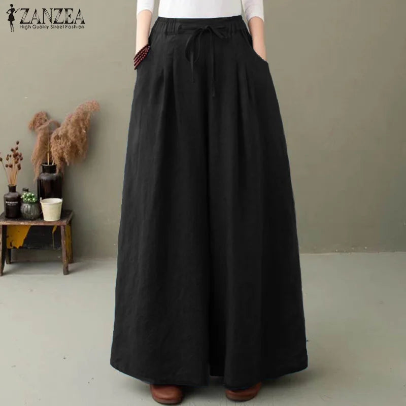 ZANZEA Elegant Women's Wide Leg Pants Autumn Trousers Casual Drawstring Pantalon Palazzo Female Elastic Waist Turnip Oversized