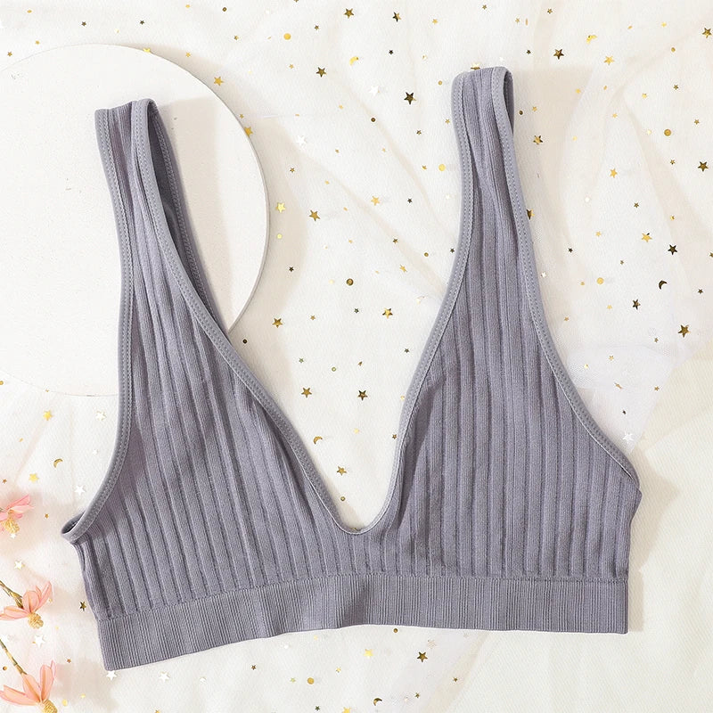 Push-Up Bras For Women Seamless Ribbed Deep V Bralette Unlined Sexy Lingerie Wireless Crop Top S-XL Plunge Sports Underwear