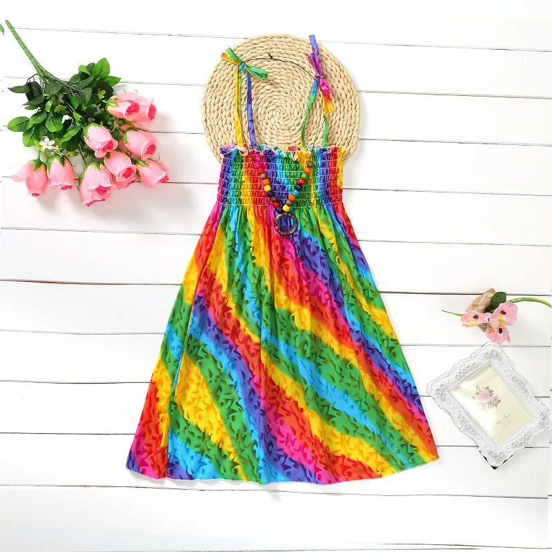 Summer Girls New Floral Dress Sling Ruffles Bohemian Beach Princess Dresses for Girl Clothing  2 6 8 12 Years With Necklace Gift