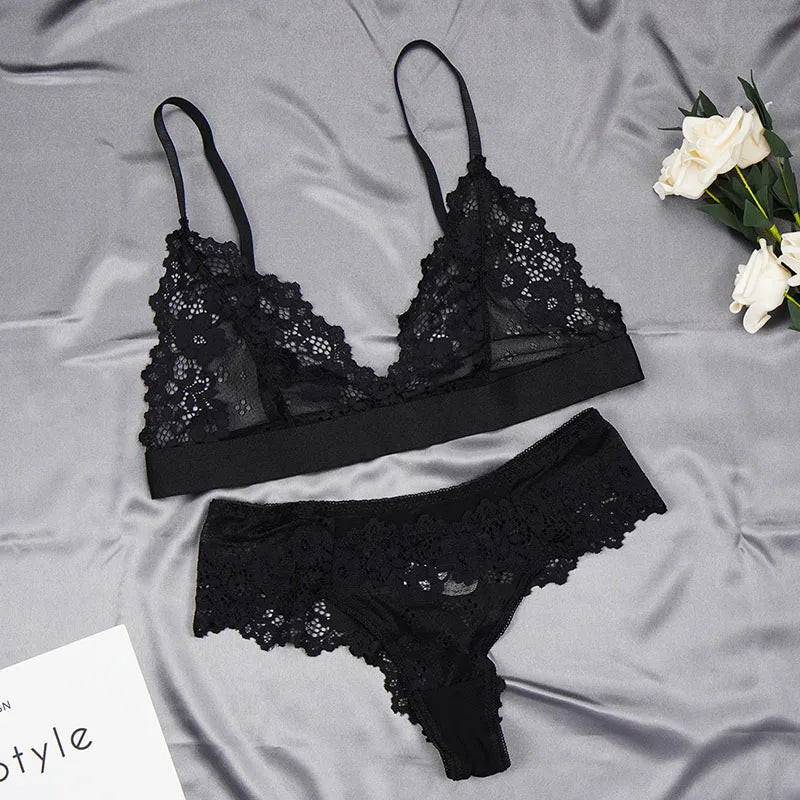 Women's Ultra-thin Cup Mesh Lace Underwear Set Transparent Bras Beauty Back Hollow Embroidery Bra & Brief Sets