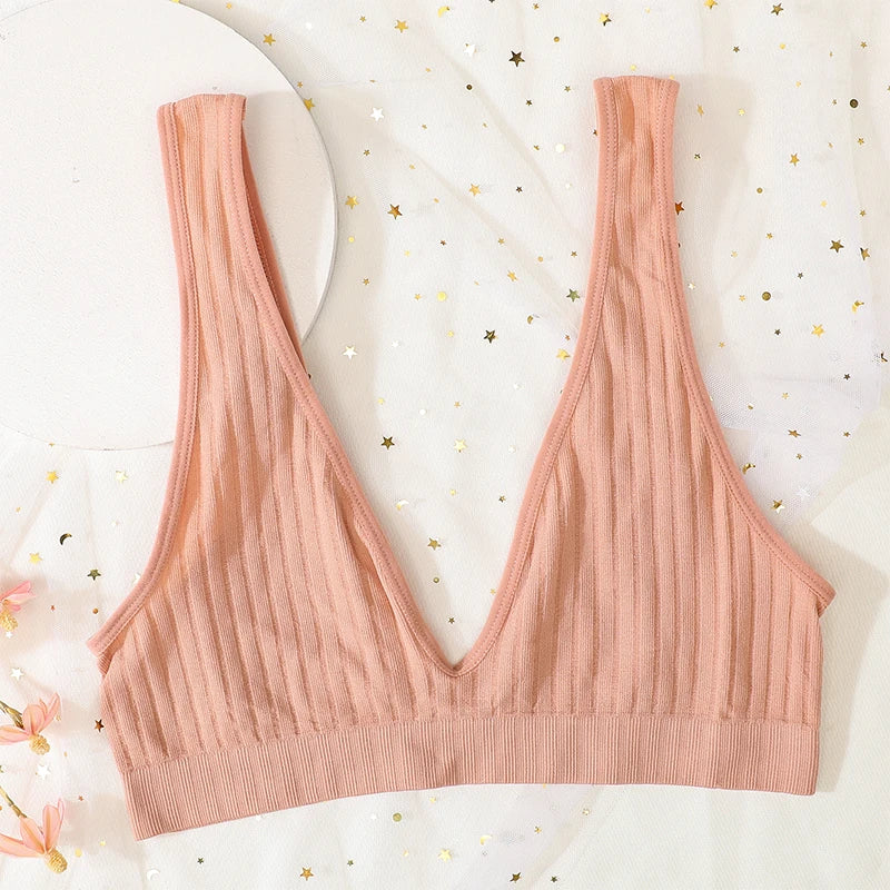 Push-Up Bras For Women Seamless Ribbed Deep V Bralette Unlined Sexy Lingerie Wireless Crop Top S-XL Plunge Sports Underwear