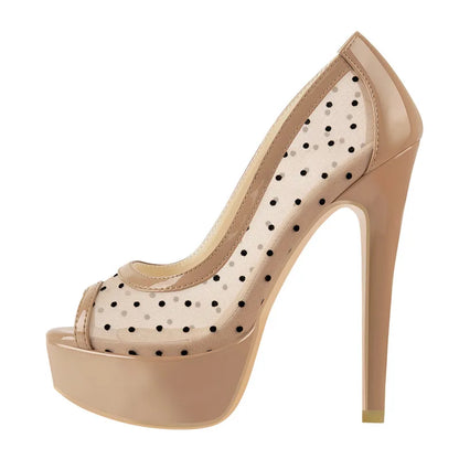 Onlymaker Women  Black Platform Peep Toe Mesh Spike Slip On Pumps Thin High Heels Party Dress Sexy Big Size Pumps