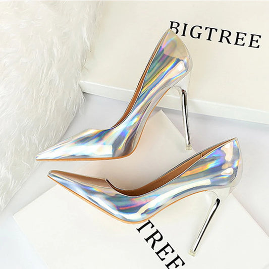 Metal Heel with High-Heeled Shiny Patent Leather Shallow Mouth Pointed Sexy Sexy Nightclub Was Thin Heels Wedding Shoes Banquet
