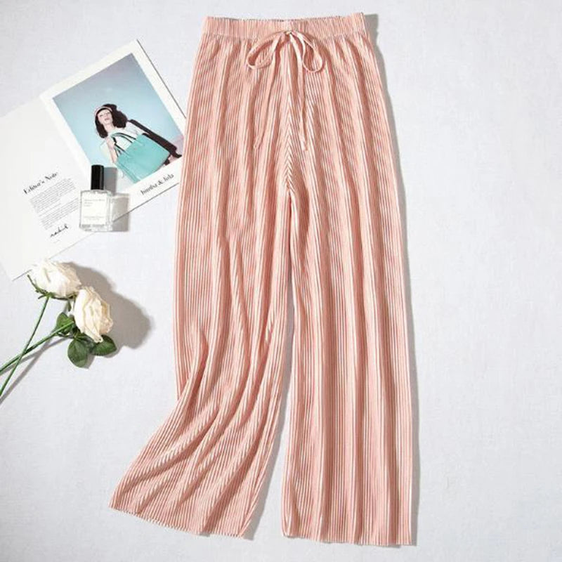 2025 New Women's Summer Thin High-waist Korean Style Non-iron Pleated Straight Leg Solid Loose Drape Wide-leg Pants Dropshipping