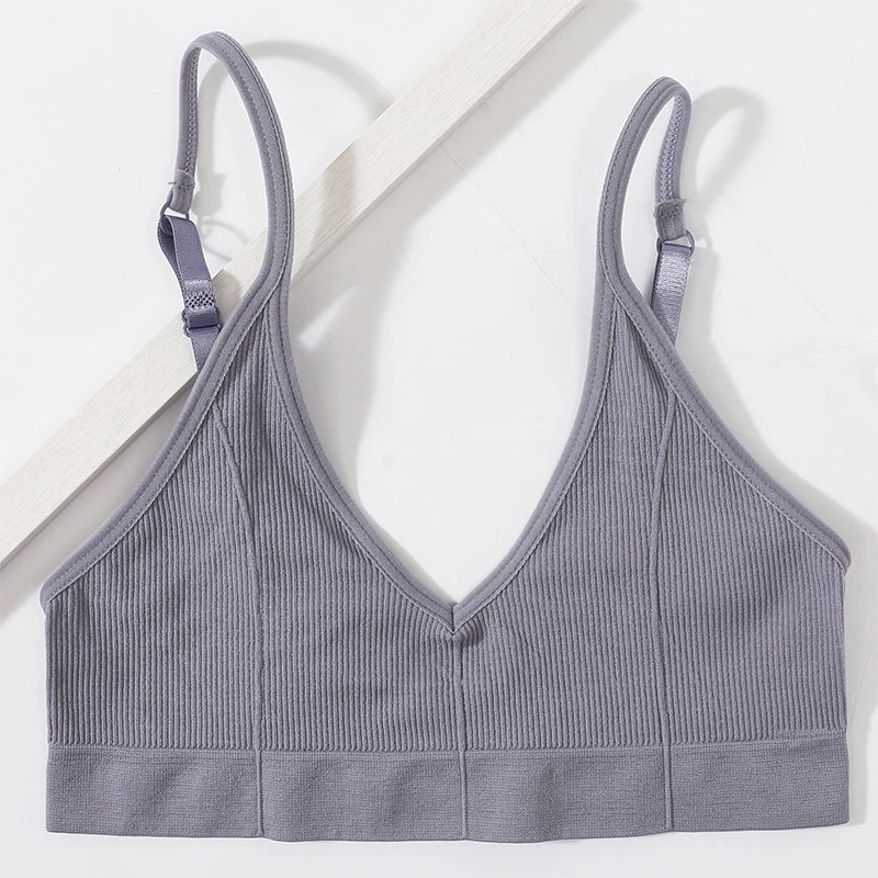 Women Ribbed V-Neck Wireless Bra Solid Color Knit Bralette Stretch Thin Straps Liner-Free No Chest Pads Lingerie Daily Intimates