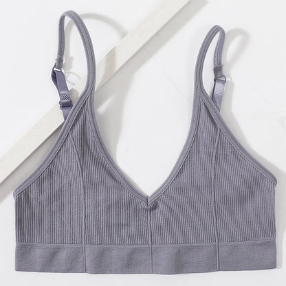 Women Ribbed V-Neck Wireless Bra Solid Color Knit Bralette Stretch Thin Straps Liner-Free No Chest Pads Lingerie Daily Intimates