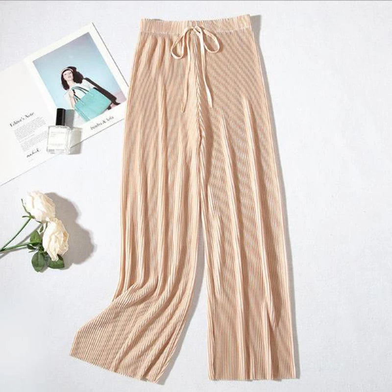 2025 New Women's Summer Thin High-waist Korean Style Non-iron Pleated Straight Leg Solid Loose Drape Wide-leg Pants Dropshipping