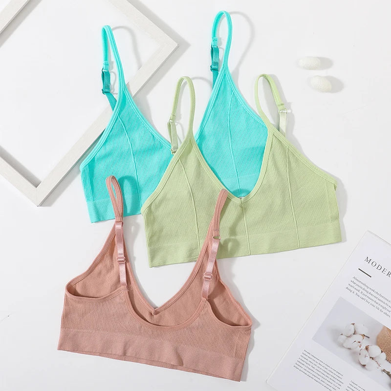 Women Ribbed V-Neck Wireless Bra Solid Color Knit Bralette Stretch Thin Straps Liner-Free No Chest Pads Lingerie Daily Intimates