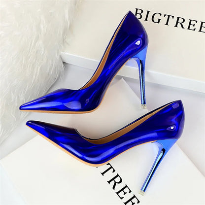 2026 Women 10.5cm High Heels Blue Green Valentine Pumps Luxury Glossy Stripper Stiletto Wedding Bridal Fetish Shoes Plus Size 43