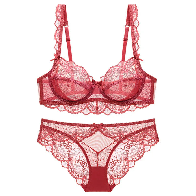 Sexy Lace Ultra Thin Transparent Bra and Panties Set Underwear Set Lingerie Women Brassieres A B C D E Cup 95C 95D