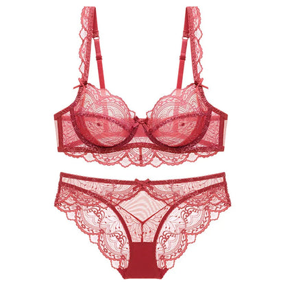 Sexy Lace Ultra Thin Transparent Bra and Panties Set Underwear Set Lingerie Women Brassieres A B C D E Cup 95C 95D
