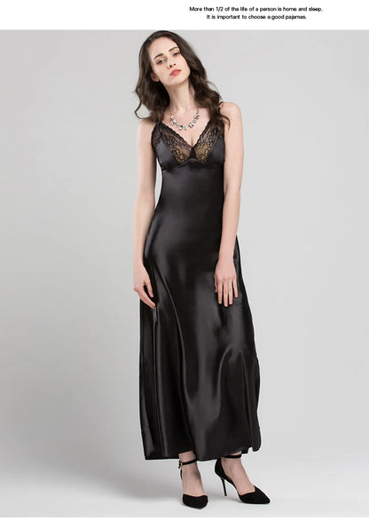 Lace Sexy Sling Sleeping Dress Satin Silk Sleepwear Women Faux Silk Long Bathrobes Female Sleeveless V-Neck Nightgowns C1618