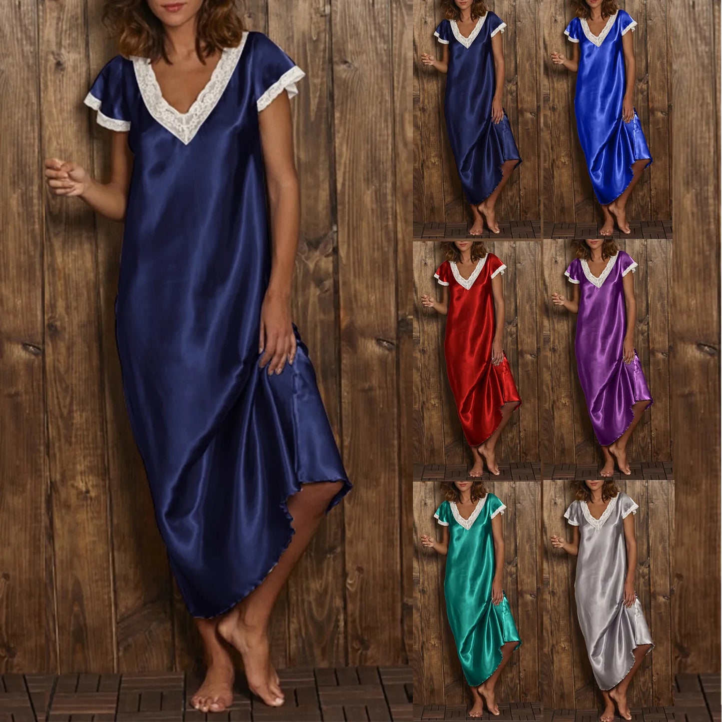 Women Summer Silk Sleepwear Short Sleeve V Neck Homewear Long Dress Nightgowns Sleepwear Sleep Tos Night Dress Underwear