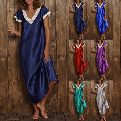 Women Summer Silk Sleepwear Short Sleeve V Neck Homewear Long Dress Nightgowns Sleepwear Sleep Tos Night Dress Underwear