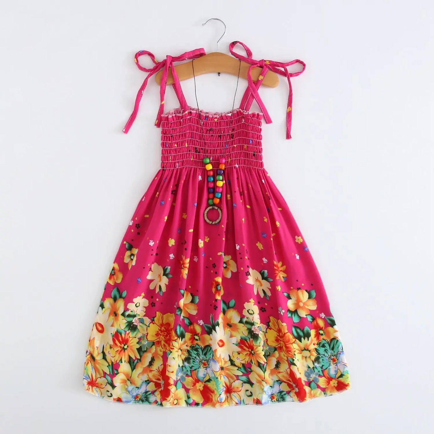 Summer Girls New Floral Dress Sling Ruffles Bohemian Beach Princess Dresses for Girl Clothing  2 6 8 12 Years With Necklace Gift