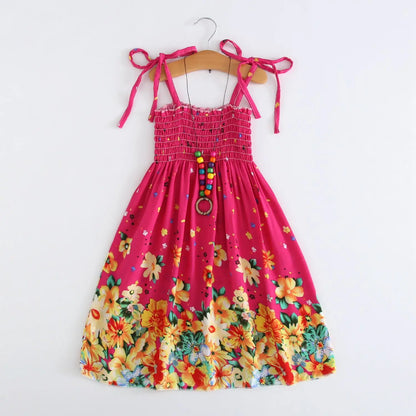 Summer Girls New Floral Dress Sling Ruffles Bohemian Beach Princess Dresses for Girl Clothing  2 6 8 12 Years With Necklace Gift