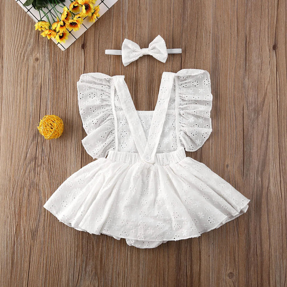 2021 Baby Summer Clothing 2PCS Newborn Kids Baby Girl Clothes Lace Ruffled Romper Dress Floral Jumpsuit Solid White Outfits