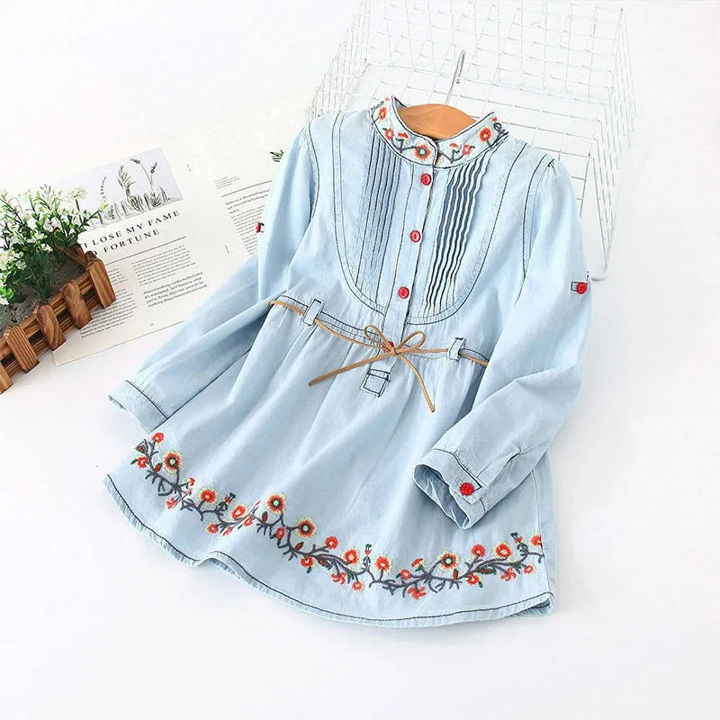 2026 Spring Autumn New 3 4 6 8 10 12 Years Embroidery Flower Long Short Sleeve Double Use Denim Blue Kids Girl Dress With Belt