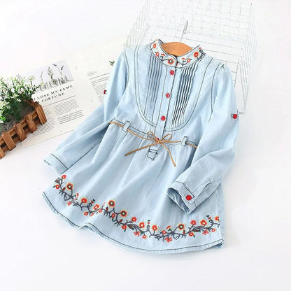 2026 Spring Autumn New 3 4 6 8 10 12 Years Embroidery Flower Long Short Sleeve Double Use Denim Blue Kids Girl Dress With Belt