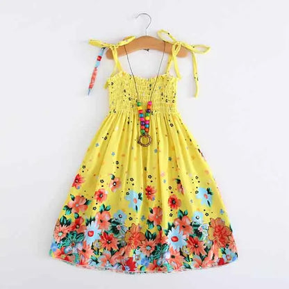 Summer Girls New Floral Dress Sling Ruffles Bohemian Beach Princess Dresses for Girl Clothing  2 6 8 12 Years With Necklace Gift